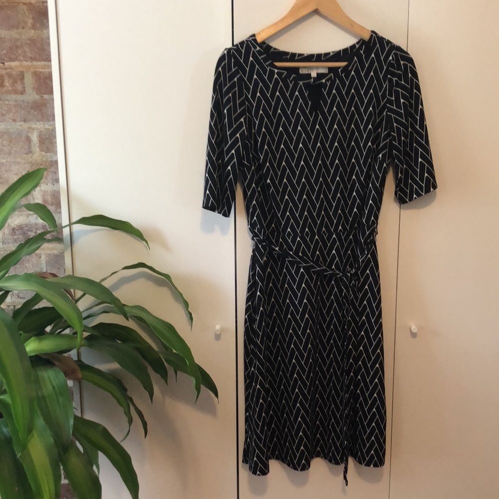 Cleo Geo Pattern 3/4 Sleeve Black&White Knee Length
